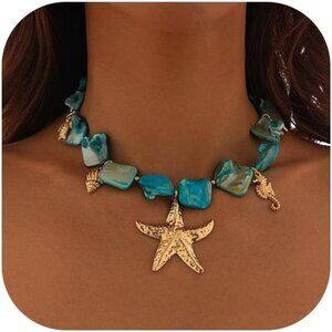 Boho Turquoise Shell Beaded Necklace with Gold Sea Charms Beach and Festival